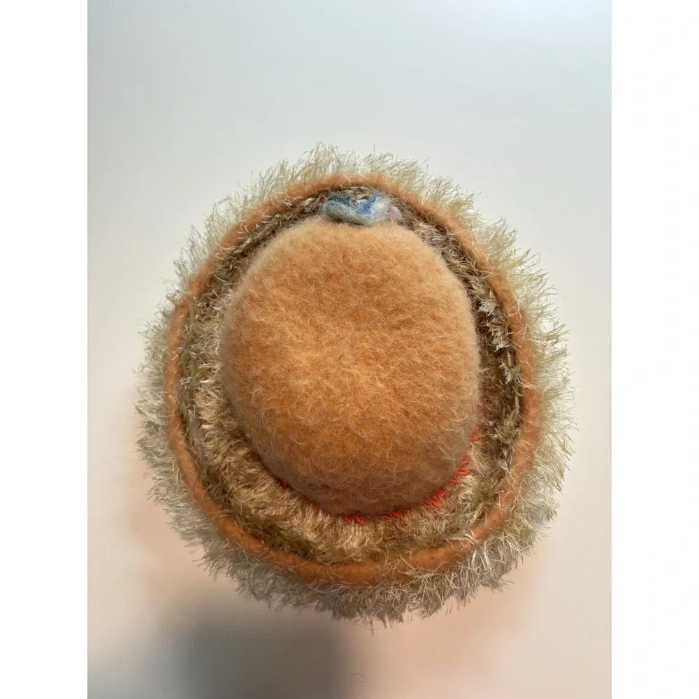 Whimsical Felted Wool Art Hat Fuzzy Cloche Embellished Brim‎ & Sculptural Detail